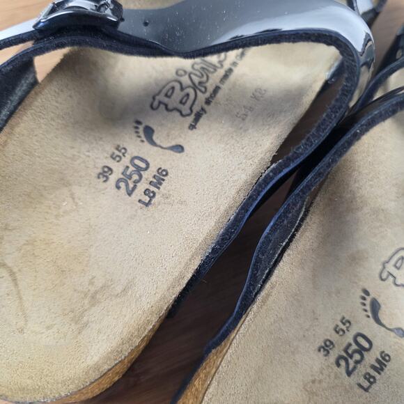 Birki's Sandals Womens Size 8 Black Patent Triple Strap Cork Footbed Shoes - Picture 9 of 13